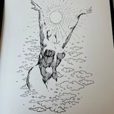 an ink drawing of a man diving into the water with his arms spread wide open