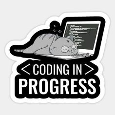 a cat sleeping on top of a laptop with the words'code in progress '