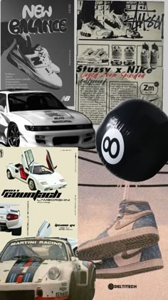 an image of a poster with cars and other things in the background, including a ball that has been placed on top of a pair of shoes