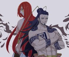 two anime characters one with long hair and the other with red hair, standing next to each other