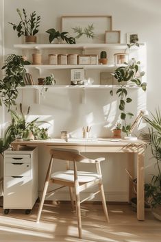 a desk with plants and books on it in front of a wall mounted shelving unit