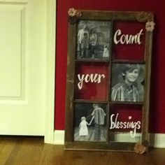 a wooden frame with four pictures on it and the words count your blessing written in red