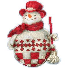 a cross stitch snowman ornament with a red hat, scarf and mittens