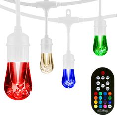 some lights that are hanging from a wire with remotes on it and one light is red, the other is green