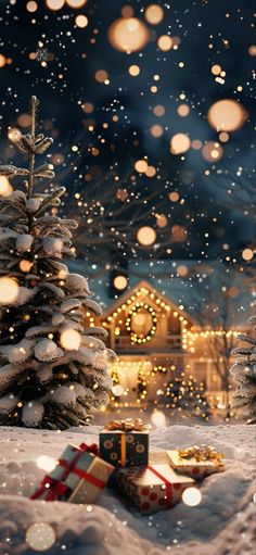 a christmas scene with presents in the foreground and snow falling on the ground at night