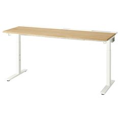 a desk with a wooden top and white legs, on a white background the table has a light wood surface