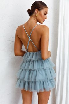 Spring Dresses Semi Formal, Sadies Dresses, Wedding Guest Dress Short, Blue Selfie, Cute Blue Dresses, Grad Outfits, Frill Mini Dress, Cute Dresses For Party, Selfie Leslie