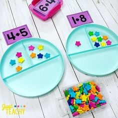 two plates with numbers and shapes on them next to a plastic container filled with colored confetti