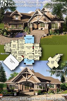 two story house plan with three car garages and an open floor plan for this home