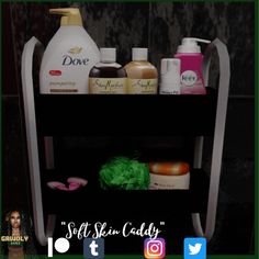 the shelf is filled with different types of soaps and lotion bottles on it