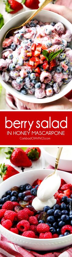 berry salad in honey mascarpone is served with yogurt and fresh berries