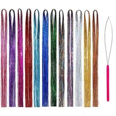 Product description Color:12 colors Hair Tinsel Kit Strands With Tool 47 Inch 12 Colors Strands Fairy Tinsel Hair Extensions Sparkling Glitter Shiny Bling Silk Tinsel 12 colors: Red, Purple, Pink, Rose, Sky Blue, Sapphire Blue, Green, Rainbow, Mixed Colors, Silver, Yellow and Champagne Gold . Can easy match your style, also can meet the girls and women fashion pursuit to highlight your elegant and confidence Easy to use: Tie a knot and fix tinsel hair on your hair (you can find free tool in the Wash And Blow Dry, Hair Tinsel, Hair Kit, Fairy Hair, Saloon Hair, Glitter Hair, Sparkles Glitter, Beauty Saloon, Wigs Hair Extensions