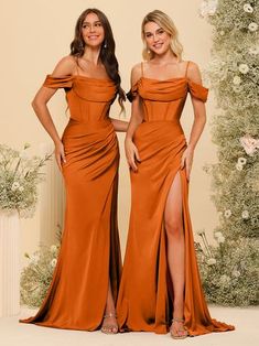 Sheath/Column Off-the-Shoulder Spaghetti Straps Long Formal Dresses wi-Lavetir Dresses With Split, Long Formal Dresses, Ruched Sleeve, Orange Fabric, Stretch Satin, Peach Pink, Pink Fabric, Green Fabric, Blue Fabric