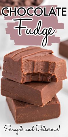 three pieces of chocolate fudge stacked on top of each other with text overlay