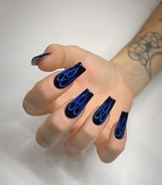 Blue Stiletto Nails, Flame Nail Art, Black Acrylic Nails, Diy Acrylic Nails, Blue Acrylic Nails, Swarovski Nails, Simple Acrylic Nails