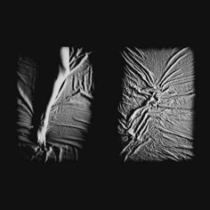 two black and white images of someone's feet on a bed in the dark