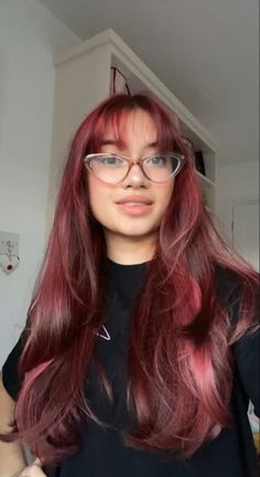 Cherry Red Hair With Long Layers, Layered Long Red Hair, Fringe Bangs Red Hair, Dark Red Hair With Wispy Bangs, Long Burgundy Hair With Bangs, Brown Hair Dyed Red No Bleach, Maroon Hair With Bangs, Wine Red Hair With Highlights