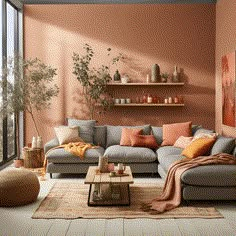 terracotta et gris salon Feng Shui Interior Design, Fall Living Room, Living Room Orange, Deco Salon, Living Room Color Schemes, House Color Schemes, Living Room Green, Living Room Inspo