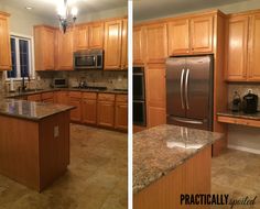 two pictures of a kitchen with granite counter tops and wooden cabinets, one has stainless steel appliances