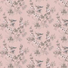 a pink wallpaper with flowers and birds on it