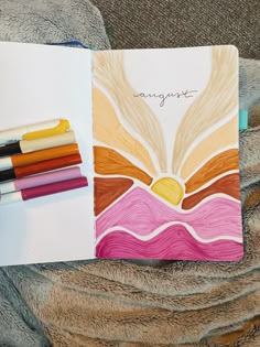 sunrise, bullet journal, beige, warm tones, purple, art. Cute Things To Draw Watercolor, Bujo Illustration Ideas, Notebook Cover Art Ideas, Notebook Theme Ideas, Note Book Painting Ideas, Artsy Journal Pages, Bulett Journal Page Ideas August, August Bujo Theme Ideas, Bujo Design Ideas