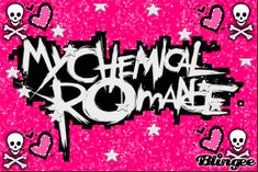 a pink background with skulls and stars on it, the words my chemical romance written in black