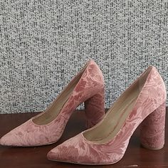 Beautifully Elegant Floral Embossed Velvet. A Stacked Column Heel Makes For An Updated Look On A Classic Shoe. Heel Is 4" High. Pink Lace-up Heels With 4-inch Heel, Pink Floral Print Open Heel Heels, Pink 4-inch Kitten Heels For Evening, Pink Kitten Heels With 4-inch Heel For Spring, Pink Suede Heels With 4-inch Heel, Classic Shoes, Shoes Women Heels, Shoes Heels, That Look