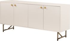 a white cabinet with three brass handles and two doors on each side, against a white background