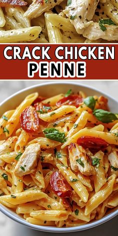 chicken penne with tomatoes and basil in a white bowl next to the same photo