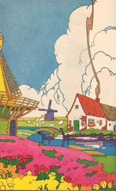 an illustration of a windmill in the middle of a field with houses and flowers around it