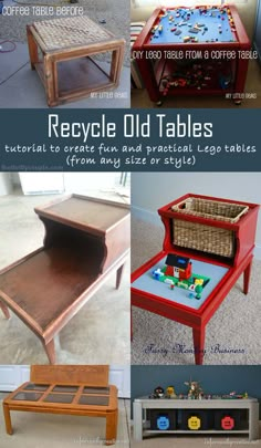 an old table has been transformed into a coffee table with legos in it and the top is painted red