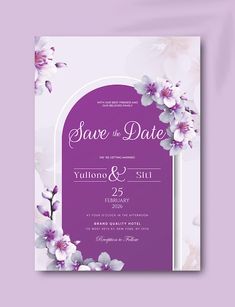 an elegant wedding card with flowers on the front and back, in purple tones is shown