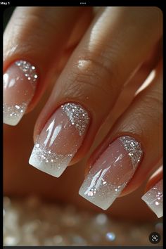 Sparkly French Nails, Alice Nails, White Sparkly Nails, French Manicure Glitter, Acrylic Nail Set, Amazing Nails, Nagel Tips, Blush Nails