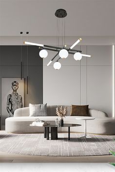 a living room filled with white furniture and lots of lights hanging from it's ceiling