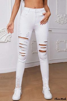 Olivia Mark - Womens High-Waisted Skinny Denim Jeans in White with Ripped Patchwork Detail Denim Style Casual, Boot Cut Denim, Jeans Online, Women Denim Jeans, White Casual, Black Casual, Casual Jeans, Jeans Denim, Denim Fashion