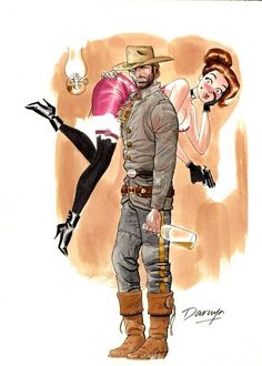 a drawing of a man and woman dressed in western clothing