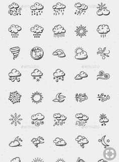 the weather icon set is shown in black and white, it includes clouds, sun, rain