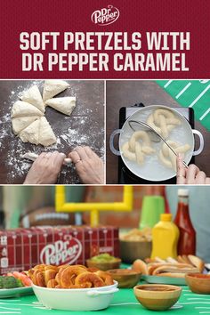 soft pretzels with dr pepper caramel are on the table and ready to be baked