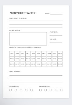 the 30 day habit tracker is displayed on a white sheet with black writing and numbers