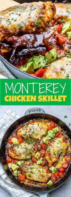 chicken skillet with tomatoes, avocado and other vegetables