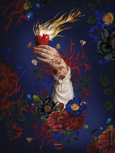 a painting of a hand holding a heart surrounded by flowers