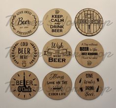 six wooden coasters with different types of beer designs on the front and back of them