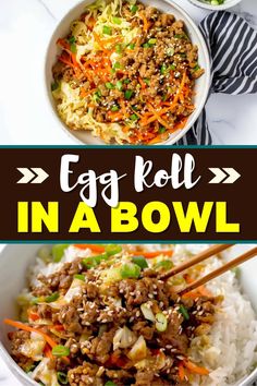 egg roll in a bowl with chopsticks and rice