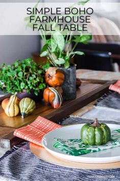 a simple boho farmhouse table with pumpkins, gourds and greenery