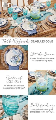 the instructions for how to set a table with blue and white plates, napkins and glasses