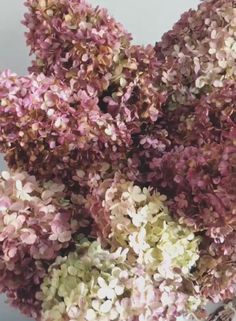 a vase filled with lots of purple and white flowers