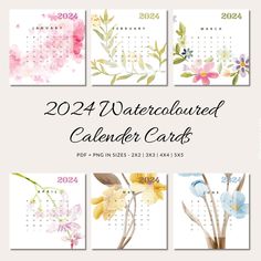 four watercolored calendar cards with flowers on them