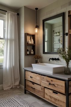 a bathroom with a sink, mirror and window