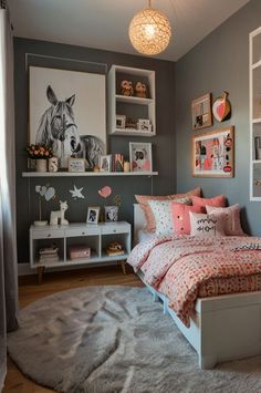 a bedroom decorated in pink and gray with pictures on the wall above the bed, along with other decor