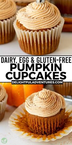 Two images of pumpkin cupcakes, text says dairy, egg, and gluten-free pumpkin cupcakes. Gluten Free Pumpkin Cupcakes, Vegan Pumpkin Cupcakes, Dairy Free Pumpkin Recipes, Gf Thanksgiving, Gluten Free Pumpkin Desserts, Gluten Free Pumpkin Recipes, Egg Free Desserts